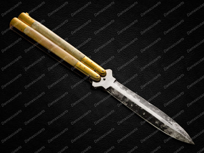 Personalized Custom Handmade 440c Stainless Steel Original Filipino Balisongs Butterfly Knife Brass with Bone Inserts with Leather Sheath