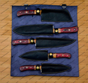 Personalized Custom Handmade Damascus Chef set Of 5pcs With Leather Cover, Kitchen Knife, Damascus Knife Set, Kitchen knives With Leather Sheath