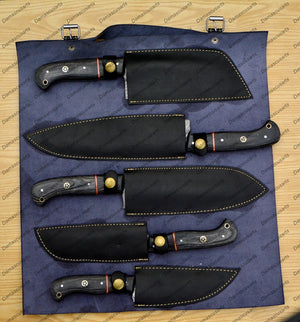 Personalized Custom Handmade Damascus Chef set Of 5pcs With Leather Cover, Kitchen Knife, Damascus Knife Set, Kitchen knives With Leather Sheath