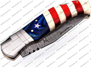 American Flag Custom Handmade Damascus Steel Blade Pattern Welded Camping Hunting Pocket Folding Survival Knife with Genuine Leather Sheath