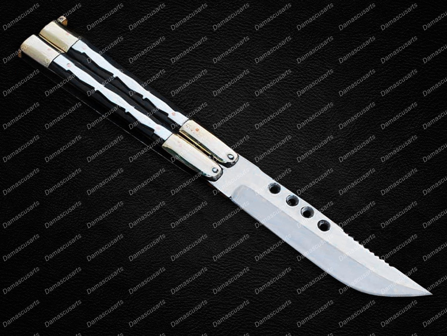 Personalized Custom Handmade D2 Tool Steel Original Filipino Balisong Butterfly Knife Brass with Stainless and Kamagong Wood Inserts World Class Knives with Leather Sheath