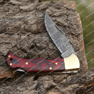 Personalized Custom Handmade Damascus Steel Pocket Folding Knife Stained Wood Handle With Leather Sheath