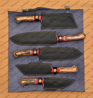 Personalized Custom Handmade Damascus Chef set Of 5pcs With Leather Cover, Kitchen Knife, Damascus Knife Set, Kitchen knives With Leather Sheath