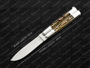 Personalized Custom Handmade 440c Stainless Steel Original Filipino Balisongs Butterfly Knife Brass with Deer Horn Inserts with Leather Sheath