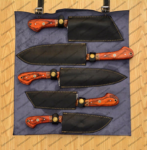 Personalized Custom Handmade Damascus Chef set Of 5pcs With Leather Cover, Kitchen Knife, Damascus Knife Set, Kitchen knives With Leather Sheath