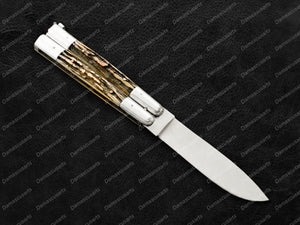 Personalized Custom Handmade 440c Stainless Steel Original Filipino Balisongs Butterfly Knife Brass with Deer Horn Inserts with Leather Sheath