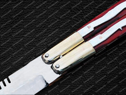 Personalized Custom Handmade D2 Tool Steel Original Filipino Balisong Butterfly Knife Brass with Stainless Steel and Micarta Inserts World Class Knives with Leather Sheath