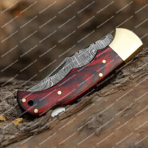 Personalized Custom Handmade Damascus Steel Pocket Folding Knife Stained Wood Handle With Leather Sheath