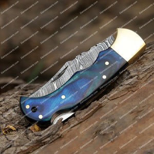 Personalized Custom Custom Handmade Damascus Steel Pocket Folding Knife Stained Wood Handle With Leather Sheath