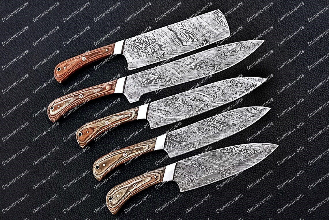 Personalized Custom Handmade Damascus Steel Chef Knives Set Chef Set Gift for Chef Kitchen Set Husband Gift Wedding Gift with Leather Sheath