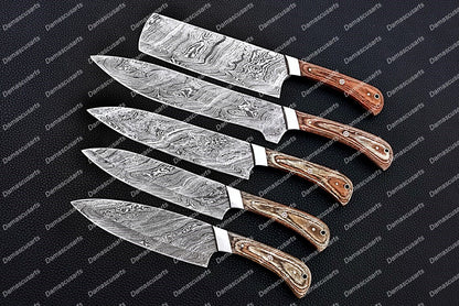 Personalized Custom Handmade Damascus Steel Chef Knives Set Chef Set Gift for Chef Kitchen Set Husband Gift Wedding Gift with Leather Sheath