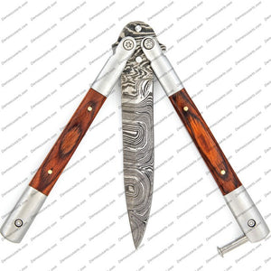 Personalized Custom Handmade Stainless Steel Clip Point Creature Comforts Butterfly Balisong Knife  World Class Knives with Leather Sheath