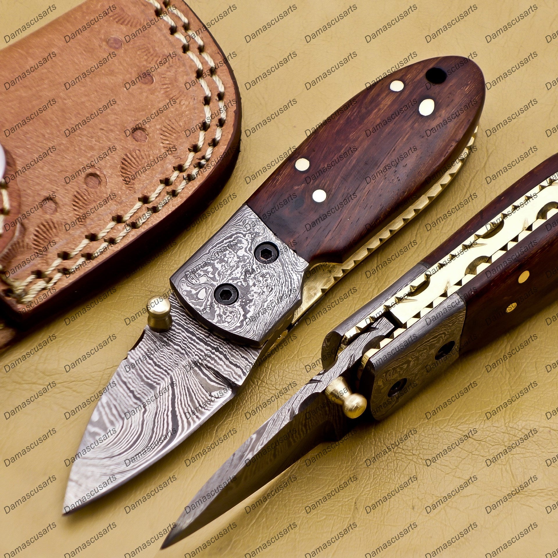 Custom Hand Made Damascus Steel Folding Pocket Knife Kowa Wood Leather Sheath