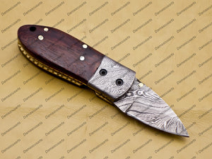 Custom Hand Made Damascus Steel Folding Pocket Knife Kowa Wood Leather Sheath