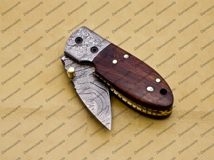 Custom Hand Made Damascus Steel Folding Pocket Knife Kowa Wood Leather Sheath