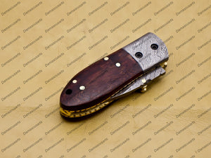 Custom Hand Made Damascus Steel Folding Pocket Knife Kowa Wood Leather Sheath