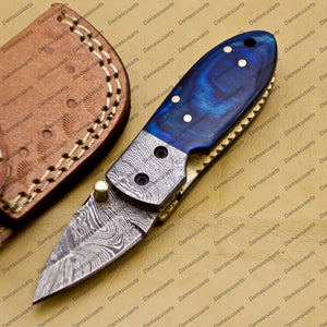 Custom Hand Made Damascus Steel Folding Pocket Knife Kowa Wood Leather Sheath