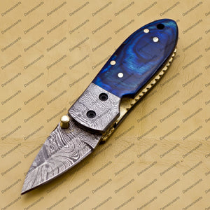 Custom Hand Made Damascus Steel Folding Pocket Knife Kowa Wood Leather Sheath