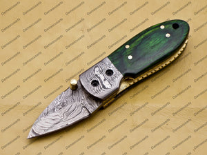 Custom Hand Made Damascus Steel Folding Pocket Knife Kowa Wood Leather Sheath