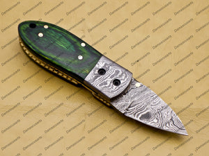 Custom Hand Made Damascus Steel Folding Pocket Knife Kowa Wood Leather Sheath