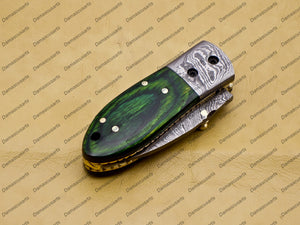 Custom Hand Made Damascus Steel Folding Pocket Knife Kowa Wood Leather Sheath