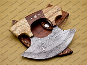 Customize Handmade Damascus Chef Kitchen Ulu Knife Chef Knife Heavy Duty Damascus Handle Koa Wood with Leather Sheath