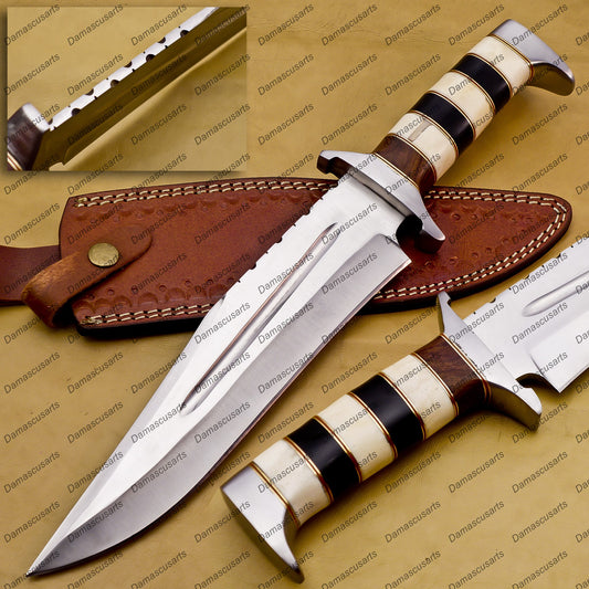 Personalized Custom Handmade  D2 Custom Steel Hunting Bowie Knife Fixed Blade with Leather Sheath Handle Camel Bone