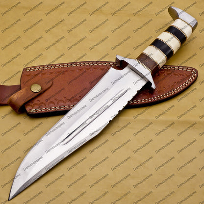 Personalized Custom Handmade  D2 Custom Steel Hunting Bowie Knife Fixed Blade with Leather Sheath Handle Camel Bone