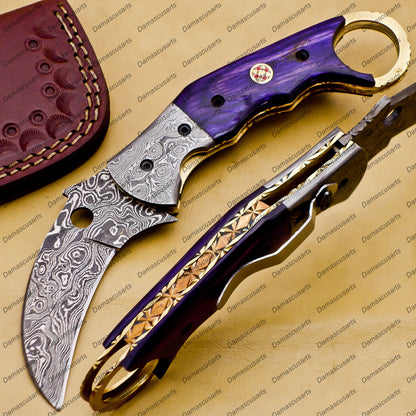 Custom Handmade Damascus Folding Pocket Knife Karambit Knife Hunting Knife Pocket Clip with Key Chain and Leather Sheath