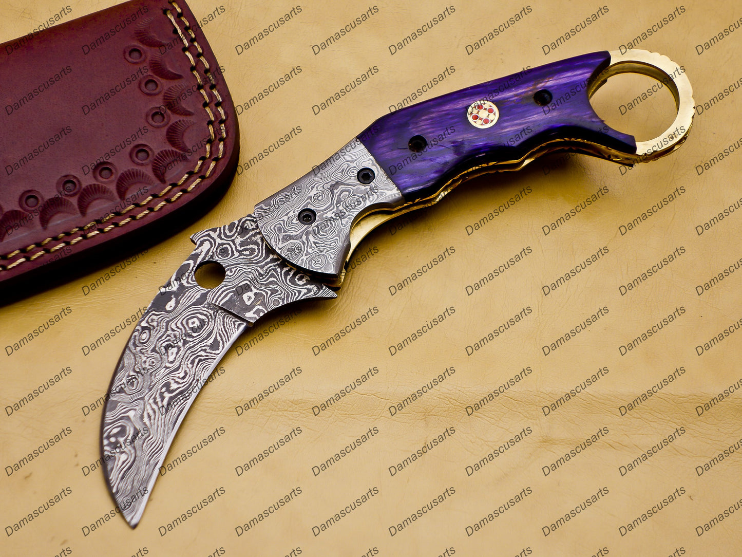 Custom Handmade Damascus Folding Pocket Knife Karambit Knife Hunting Knife Pocket Clip with Key Chain and Leather Sheath