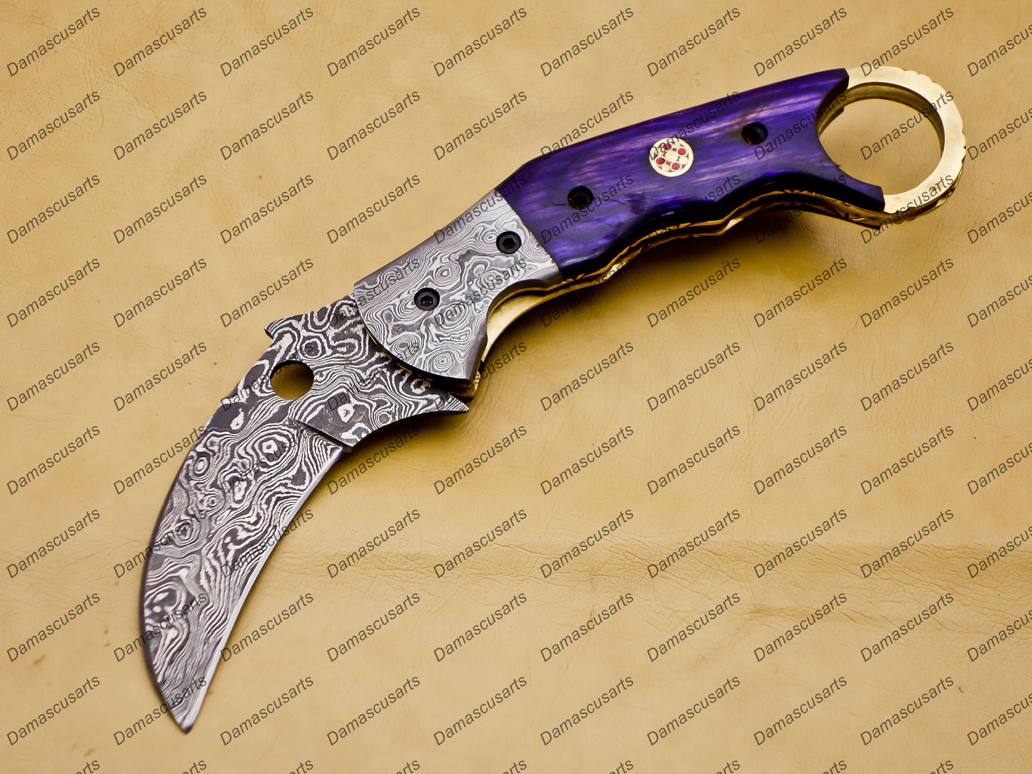 Custom Handmade Damascus Folding Pocket Knife Karambit Knife Hunting Knife Pocket Clip with Key Chain and Leather Sheath