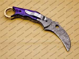 Custom Handmade Damascus Folding Pocket Knife Karambit Knife Hunting Knife Pocket Clip with Key Chain and Leather Sheath