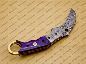 Custom Handmade Damascus Folding Pocket Knife Karambit Knife Hunting Knife Pocket Clip with Key Chain and Leather Sheath