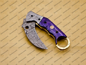 Custom Handmade Damascus Folding Pocket Knife Karambit Knife Hunting Knife Pocket Clip with Key Chain and Leather Sheath