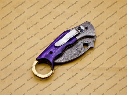 Custom Handmade Damascus Folding Pocket Knife Karambit Knife Hunting Knife Pocket Clip with Key Chain and Leather Sheath