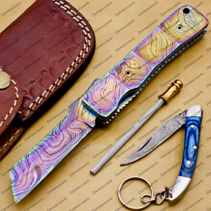 Custom Handmade Damascus Steel Folding Pocket Knife with Handle Kowa Wood with Leather Sheath