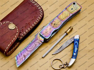 Custom Handmade Damascus Steel Folding Pocket Knife with Handle Kowa Wood with Leather Sheath