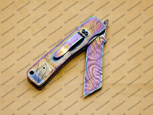 Custom Handmade Damascus Steel Folding Pocket Knife with Handle Kowa Wood with Leather Sheath