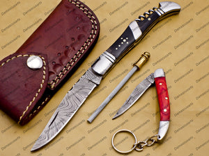 Handmade Damascus Folding Pocket knife Hunting knife 100% Handmade Damascus Steel with leather Sheath