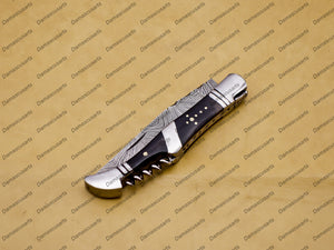 Handmade Damascus Folding Pocket knife Hunting knife 100% Handmade Damascus Steel with leather Sheath