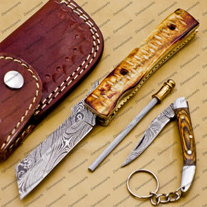 Custom Damascus Steel Folding Pocket Knife with Free Damascus Keychain Handle Damascus with Leather Sheeth