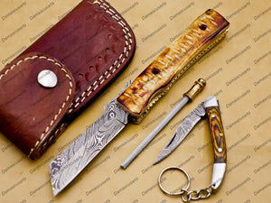 Custom Damascus Steel Folding Pocket Knife with Free Damascus Keychain Handle Damascus with Leather Sheeth