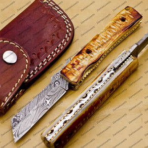 Custom Damascus Steel Folding Pocket Knife with Free Damascus Keychain Handle Damascus with Leather Sheeth