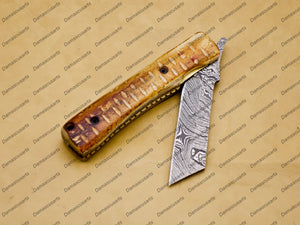 Custom Damascus Steel Folding Pocket Knife with Free Damascus Keychain Handle Damascus with Leather Sheeth