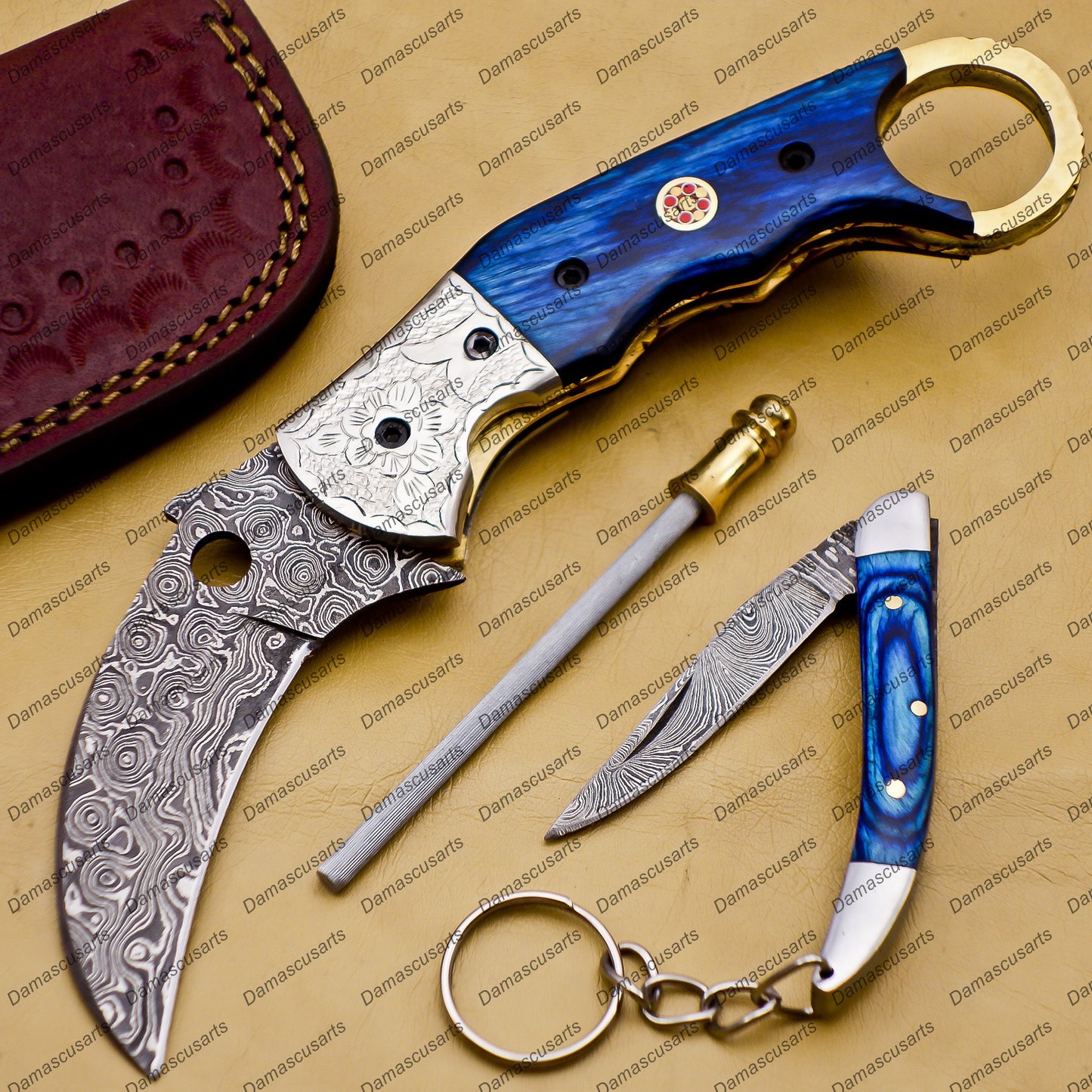 Personalized Damascus Folding Pocket knife Karambit red color Knife Hunting knife Handle Wood With Free Damascus Keychain knife