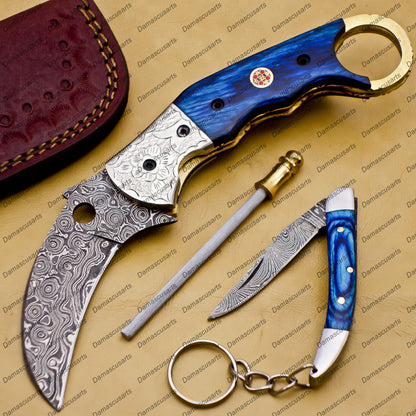 Personalized Damascus Folding Pocket knife Karambit red color Knife Hunting knife Handle Wood With Free Damascus Keychain knife