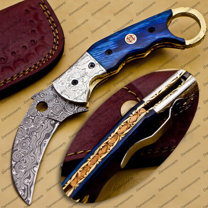 Personalized Damascus Folding Pocket knife Karambit red color Knife Hunting knife Handle Wood With Free Damascus Keychain knife