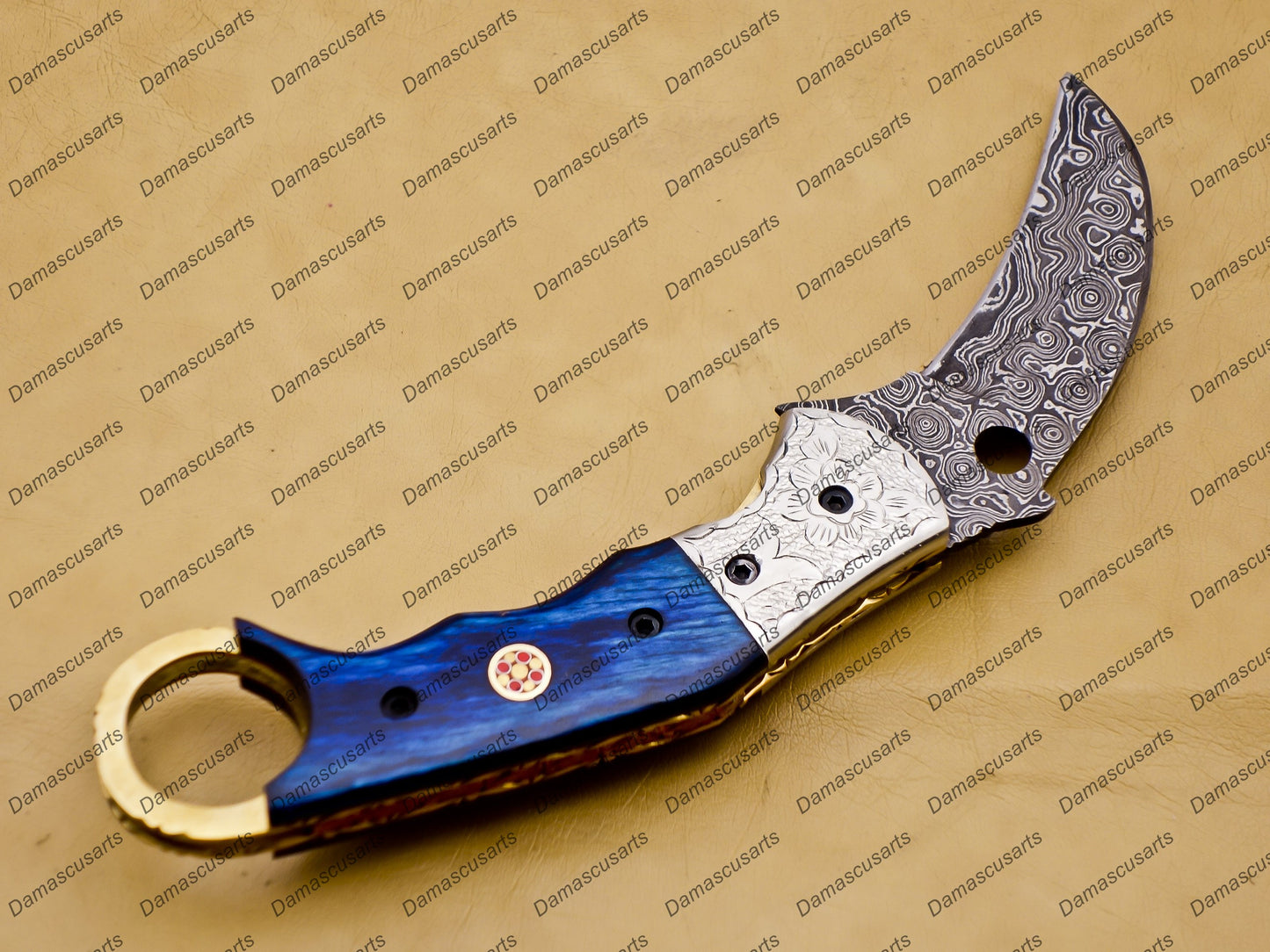 Personalized Damascus Folding Pocket knife Karambit red color Knife Hunting knife Handle Wood With Free Damascus Keychain knife