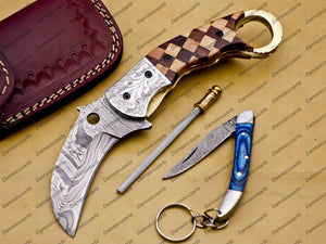 Damascus Folding Pocket knife Karambit Knife Hunting knife with Free Damascus Keychain Knife Handle Wood with Leather Sheeth