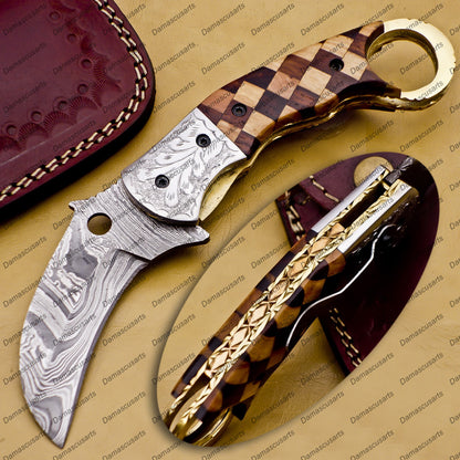 Damascus Folding Pocket knife Karambit Knife Hunting knife with Free Damascus Keychain Knife Handle Wood with Leather Sheeth